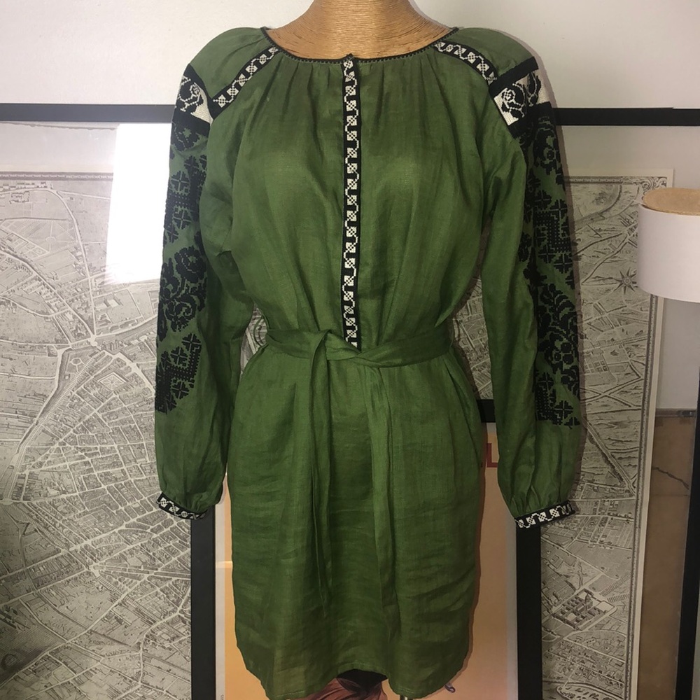 ETNODIM Linen Elegant Green Embroidered Dress Size L